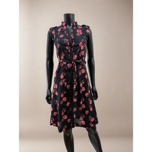 Lux Black Pink Floral Sleeveless Cotton Button Front Shirt Dress‎ S